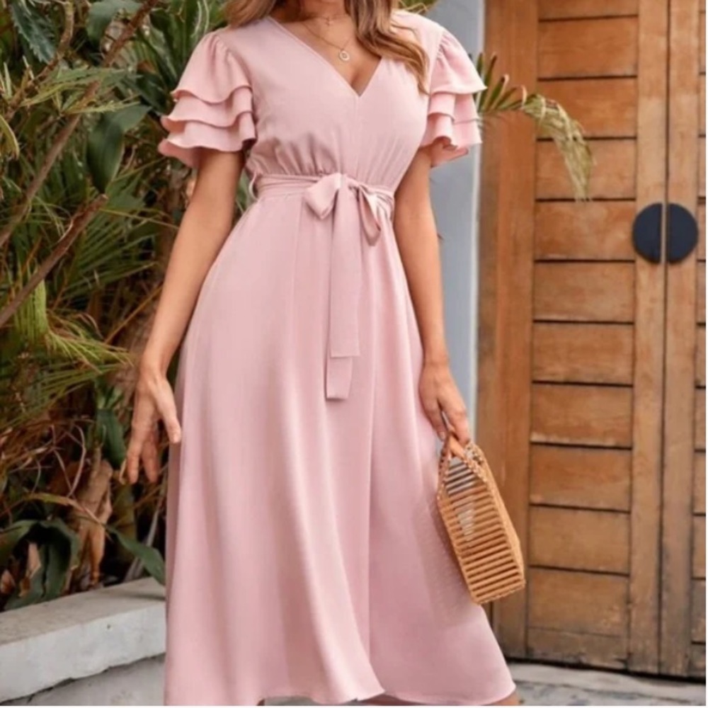 Boho Rust V neck layered Sleeve Midi Dress - Picture 10 of 15